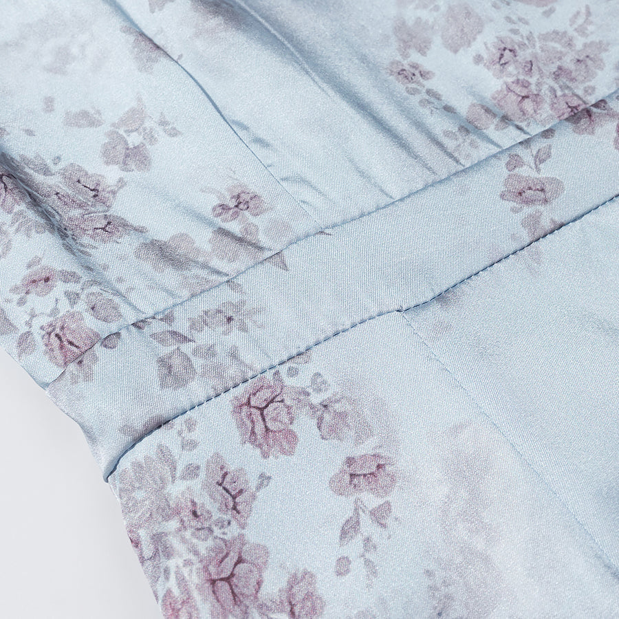Women Gentle Satin Floral V neck Pleated Short Sleeves Dress