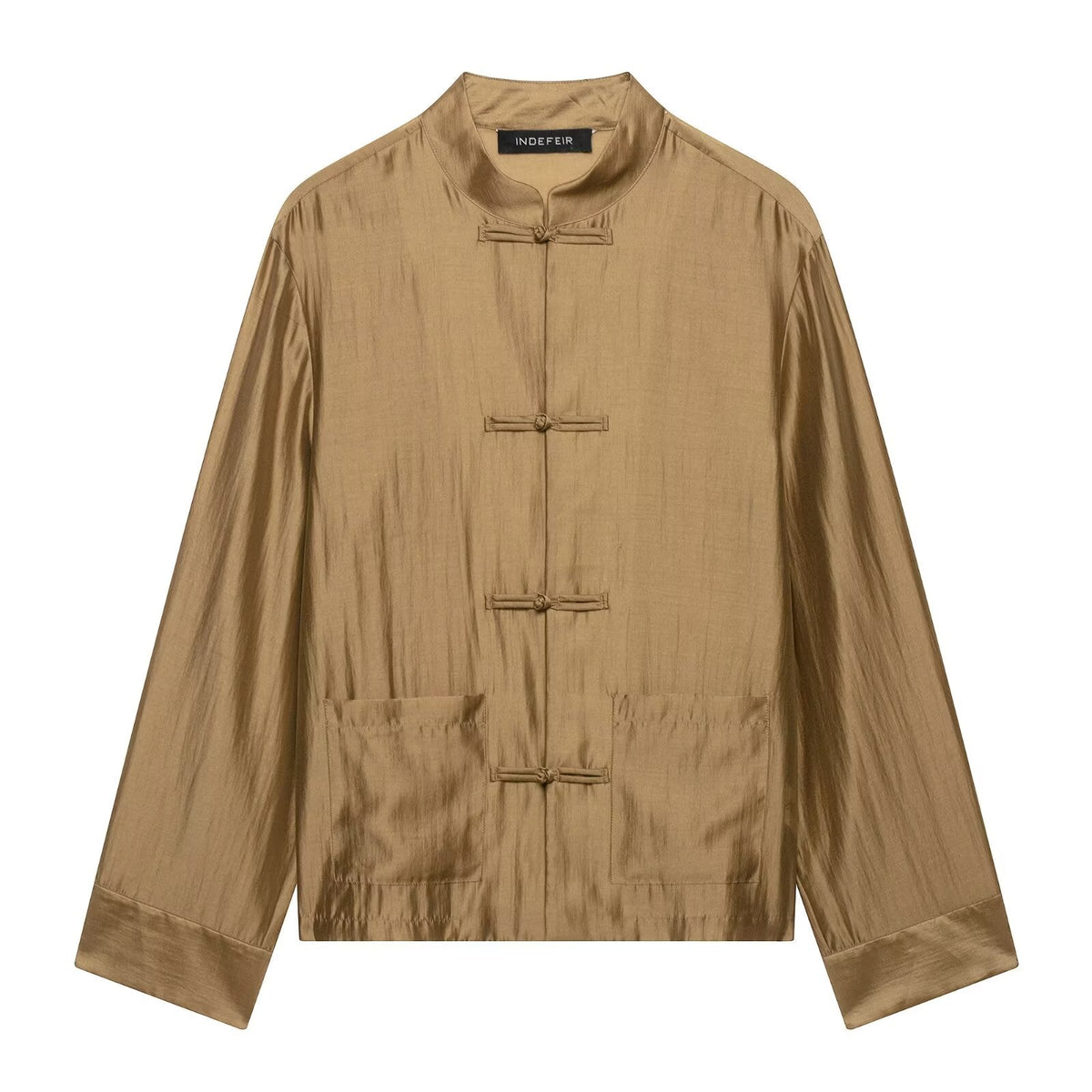Summer Arrival Long Sleeve Crew Neck Satin Twisted Knot Pocket Shirt