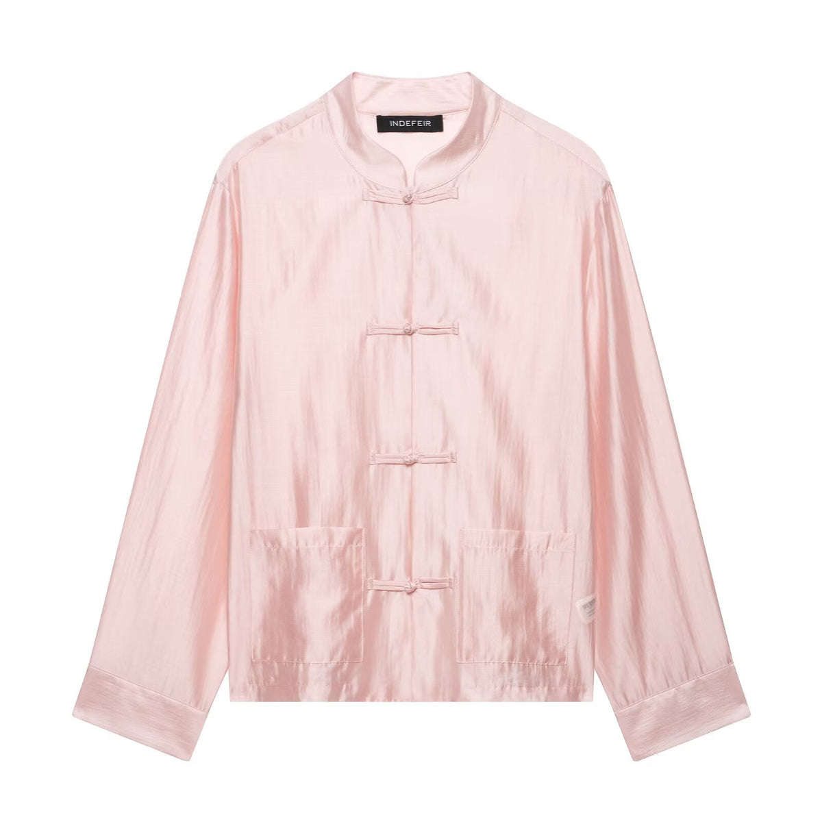 Summer Arrival Long Sleeve Crew Neck Satin Twisted Knot Pocket Shirt