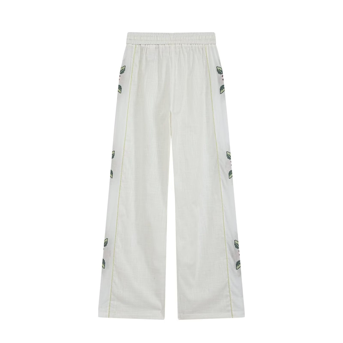 Women Clothing Summer Casual Side Striped Embroidered Ribbon Straight Leg Pants