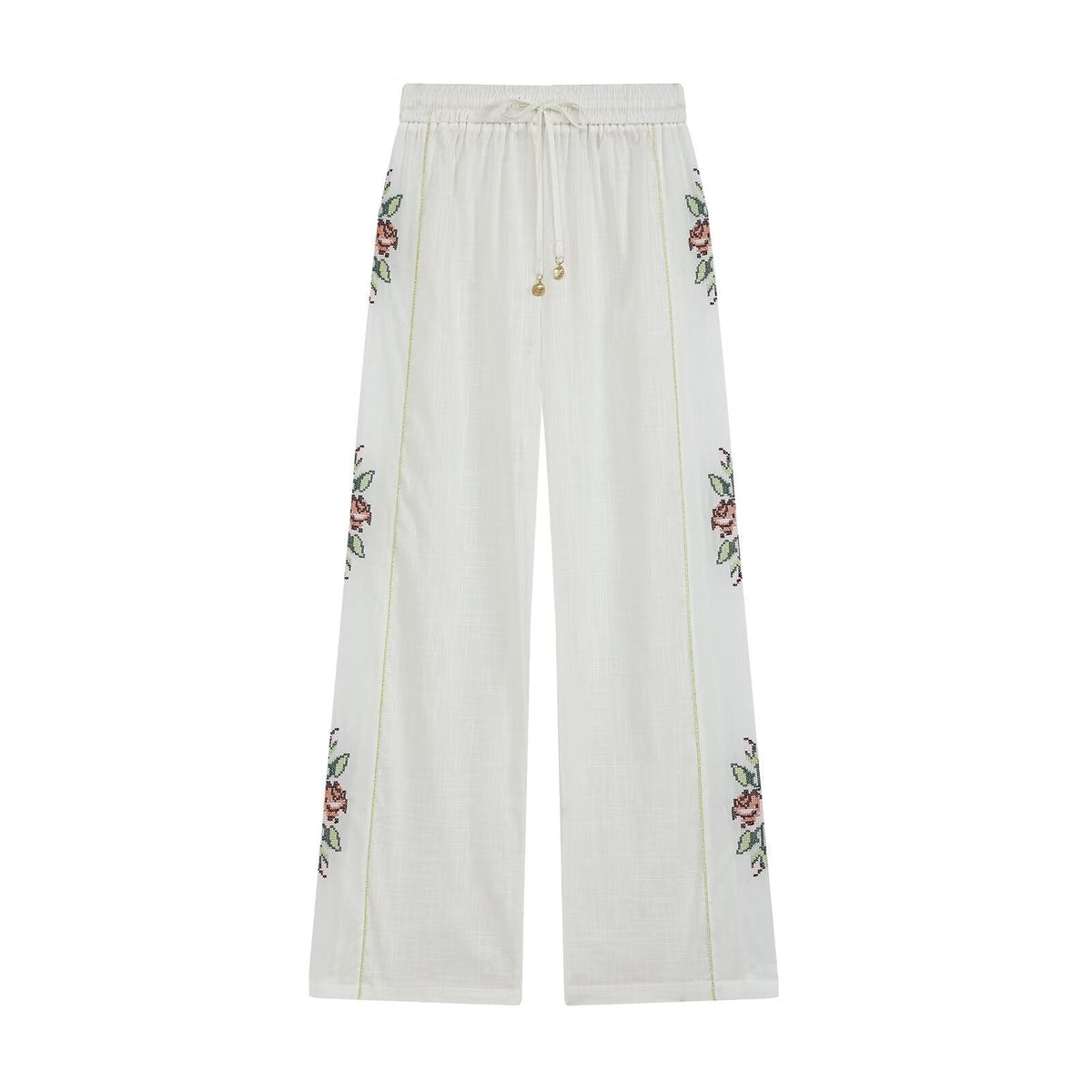 Women Clothing Summer Casual Side Striped Embroidered Ribbon Straight Leg Pants