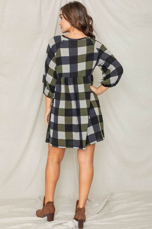 Plus Checker Balloon Sleeve Midi Dress