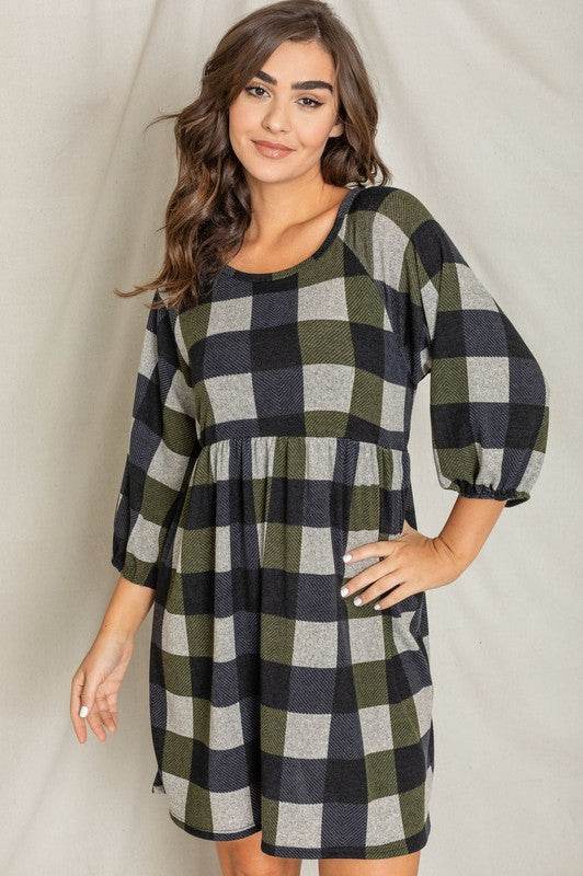 Plus Checker Balloon Sleeve Midi Dress