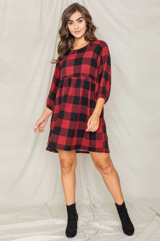 Plus Checker Balloon Sleeve Midi Dress