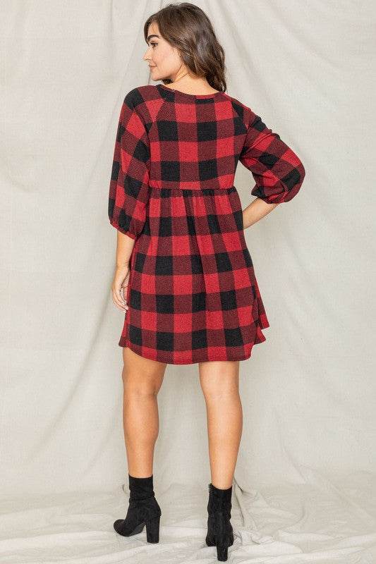 Plus Checker Balloon Sleeve Midi Dress