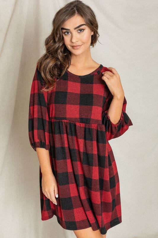 Plus Checker Balloon Sleeve Midi Dress