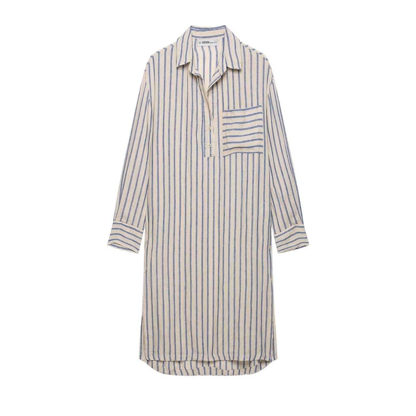 Women Clothing Summer Linen Striped Shirt Long Sleeve Dress