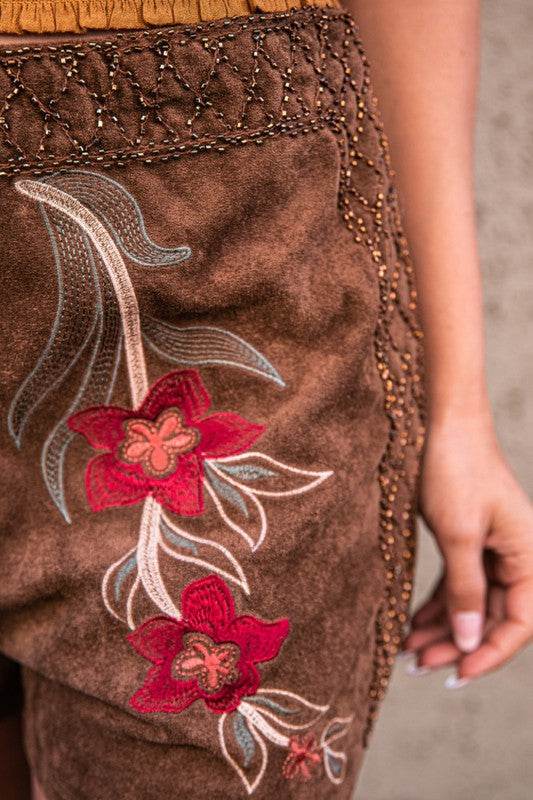 Vivienne Floral Embroidered Suede Shorts
