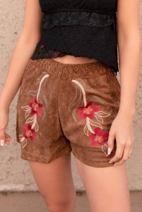 Vivienne Floral Embroidered Suede Shorts