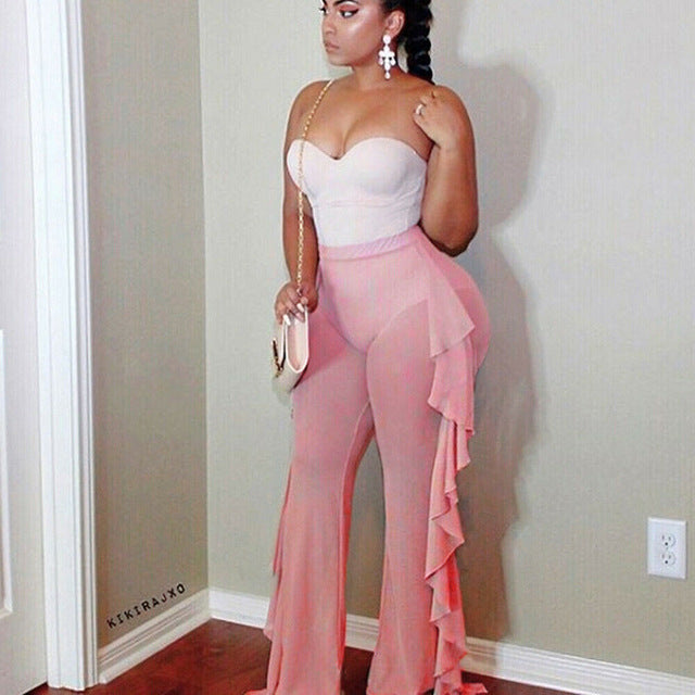 Solid Color Ruffles Sexy Mesh See-through Trousers