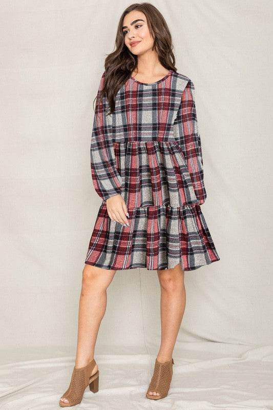 Plus Plaid Balloon Sleeve Tiered Midi Dress