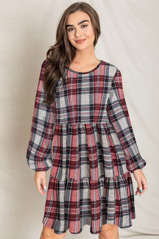 Plus Plaid Balloon Sleeve Tiered Midi Dress