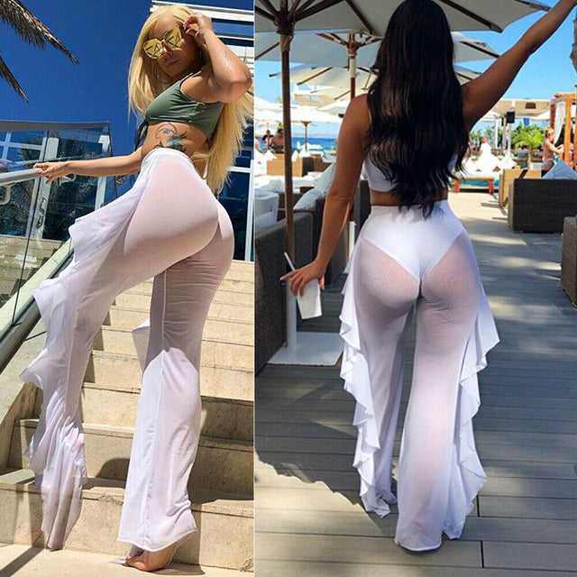 Solid Color Ruffles Sexy Mesh See-through Trousers