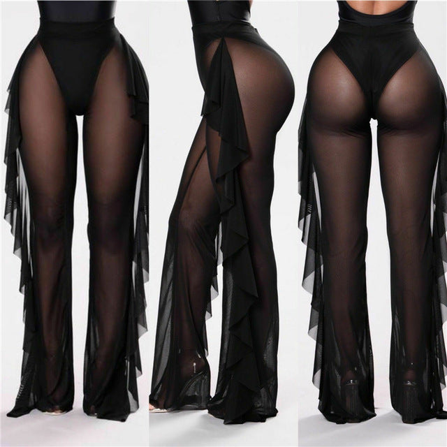 Solid Color Ruffles Sexy Mesh See-through Trousers