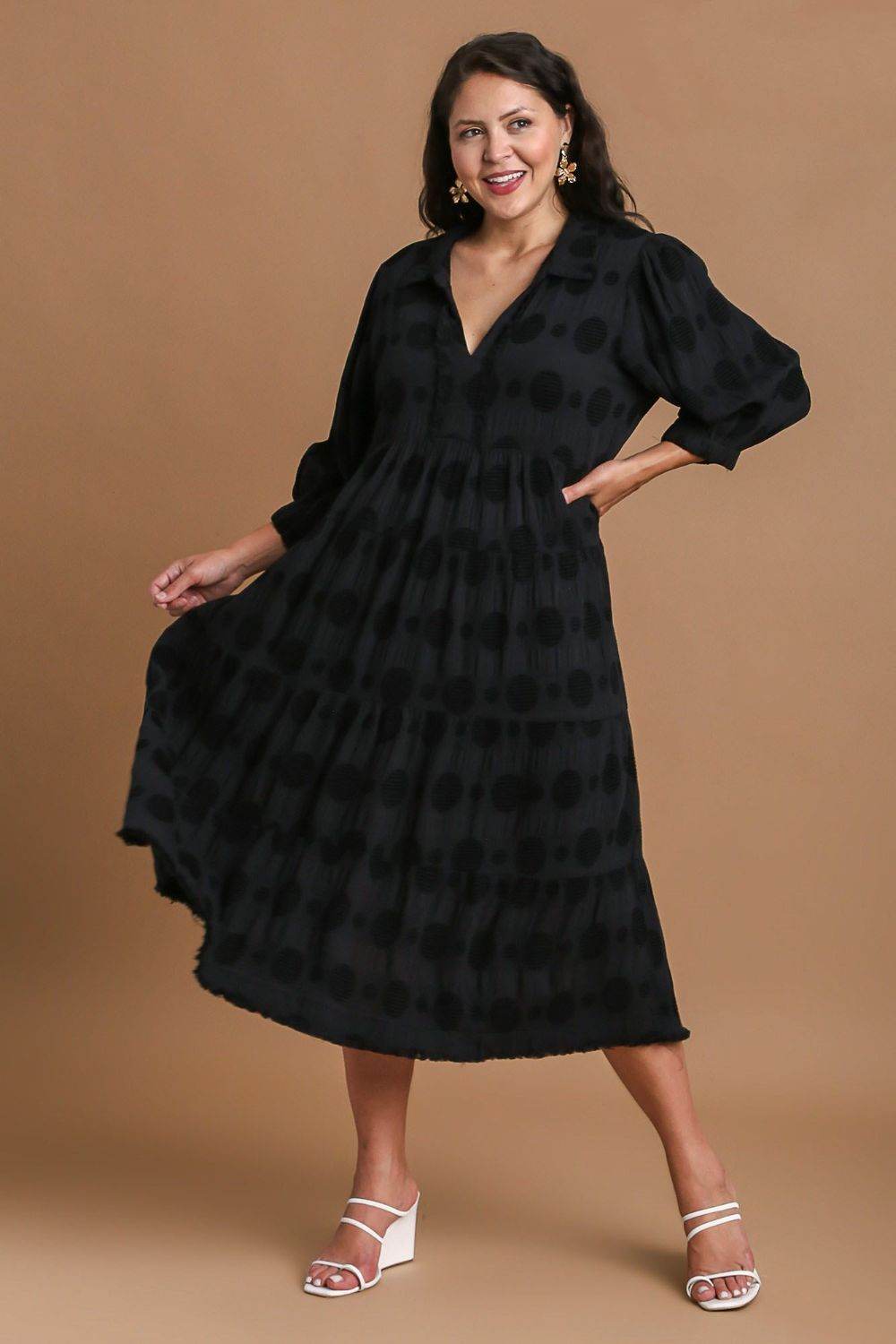 Umgee Full Size Solid Dotted Jacquard Midi Dress Plus Size