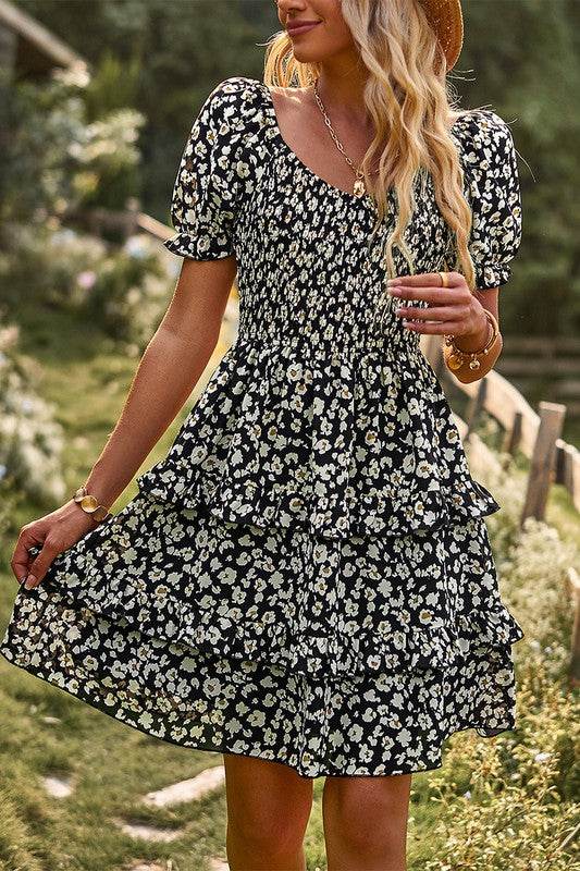 Floral Print Off Shoulder Flounce Sleeve Ruffle He