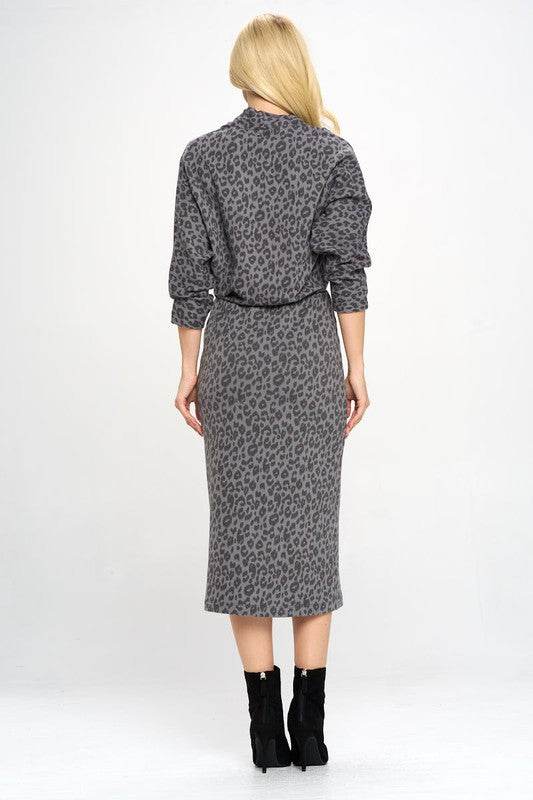 Leopard Print Knit Dolman Sleeve Midi Dress