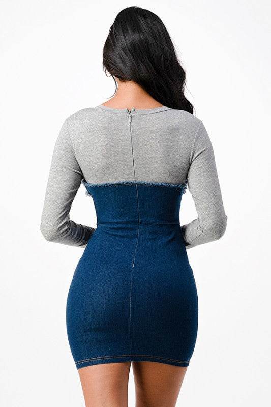 Long sleeve Denim dress with rib fabric 25987