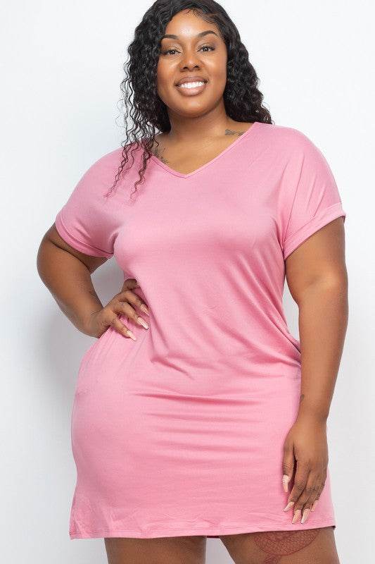 Plus Size Short Sleeve Pocket Mini Dress