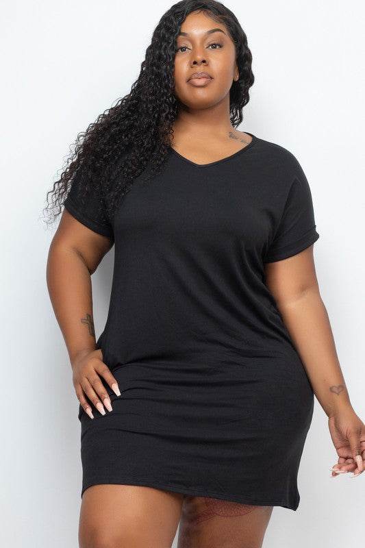 Plus Size Short Sleeve Pocket Mini Dress