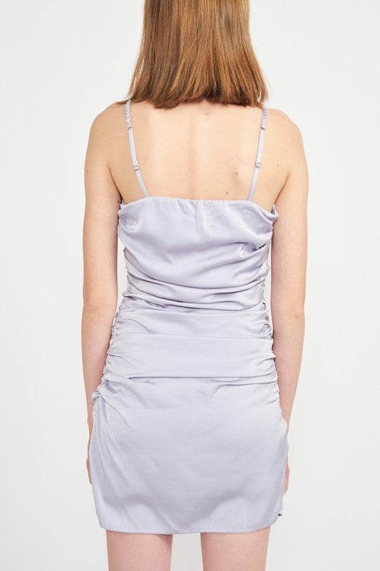 RUCHED SATIN SPAGHETTI STRAP MINI DRESS