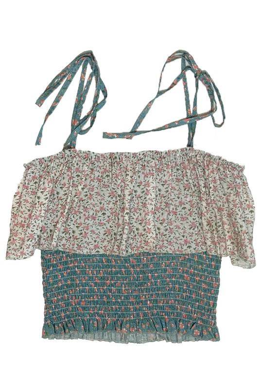 Smocked floral cropped tank top