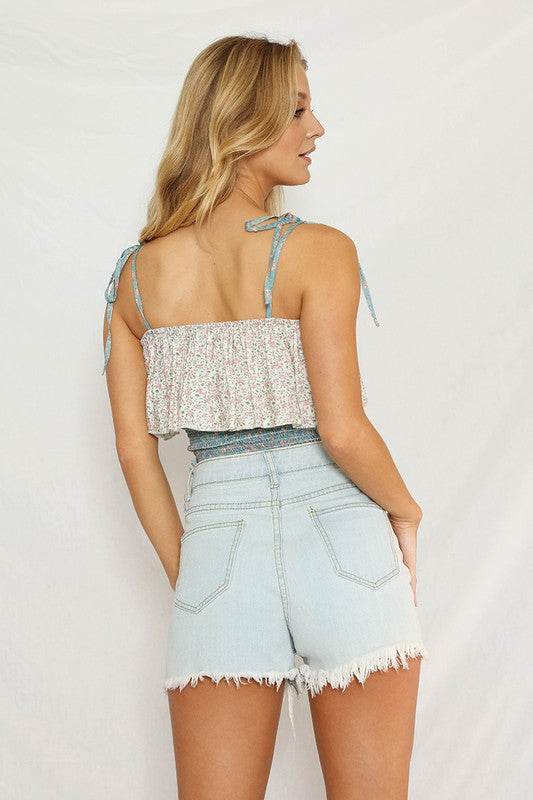 Smocked floral cropped tank top
