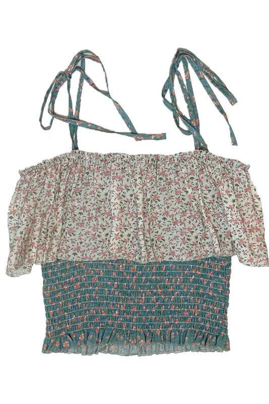 Smocked floral cropped tank top
