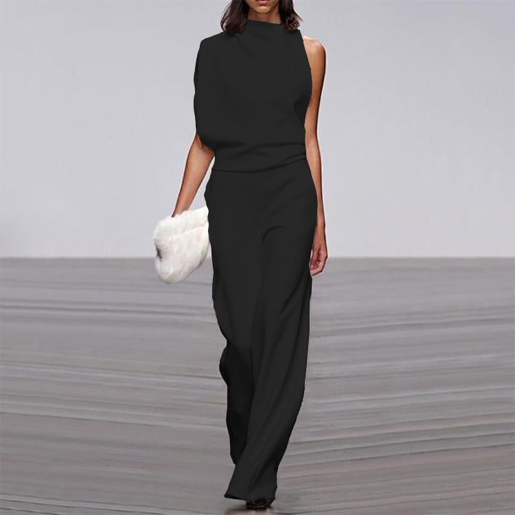 Women Pants Solid Color One Shoulder Pile Collar Jumpsuit Popular Dress Trousers