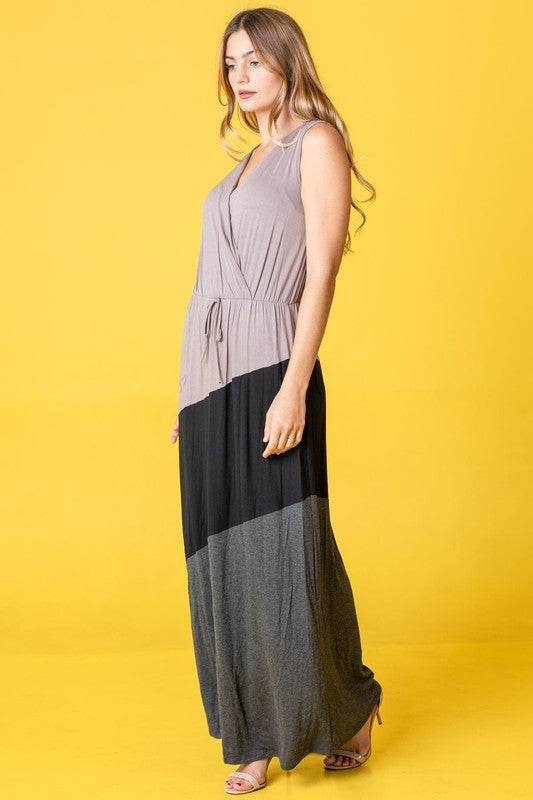 Color Block Surplice Elastic Waist Band Maxi Dress