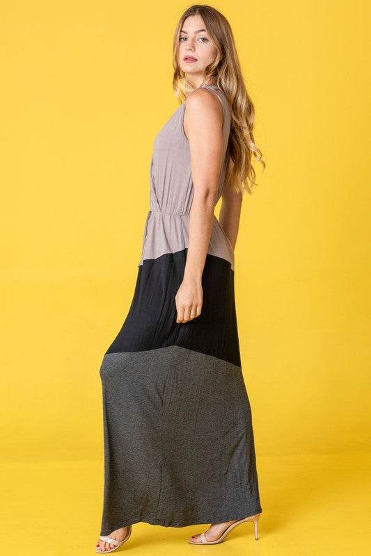 Color Block Surplice Elastic Waist Band Maxi Dress