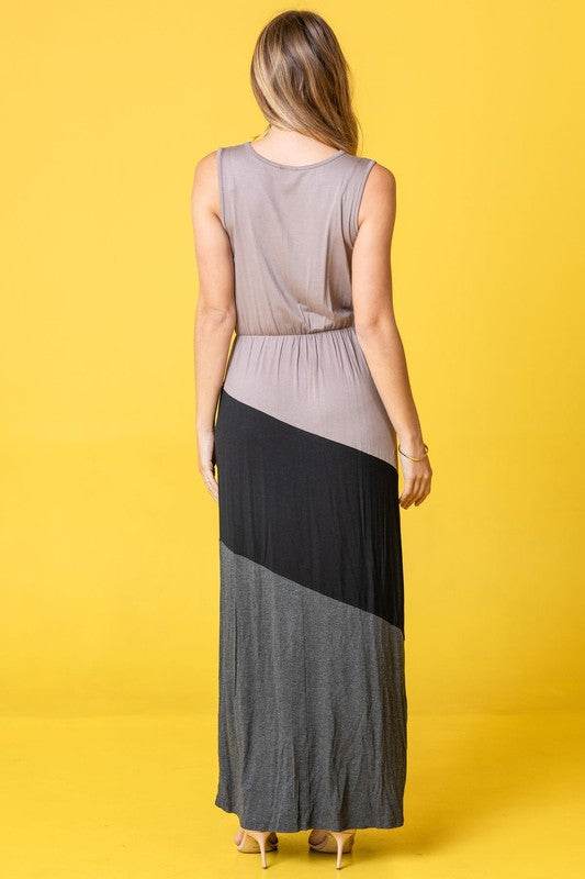 Color Block Surplice Elastic Waist Band Maxi Dress