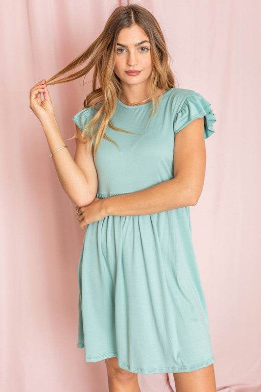 Solid Ruffle Cap Sleeve Midi Dress