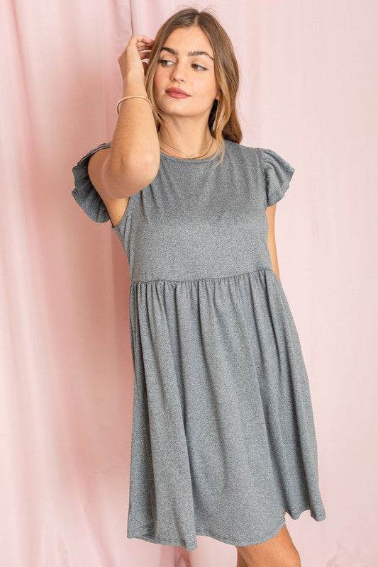 Solid Ruffle Cap Sleeve Midi Dress