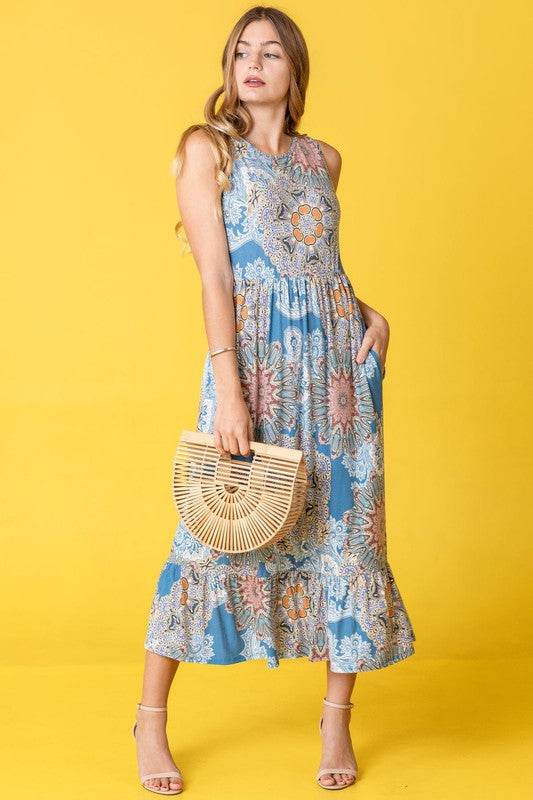Sleeveless Print Ruffled Hem Tea-Length Dress
