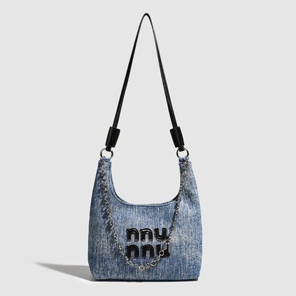 Simple retro small bucket bag, Versatile denim underarm bag, Chain bag Crossbody bag, slouch hobo purse