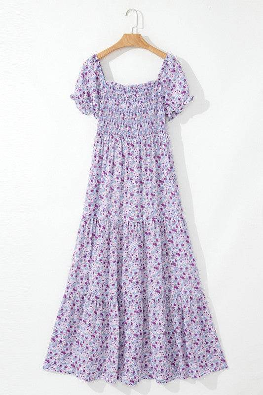Bubble Sleeve Shirred High Waist Maxi Dress