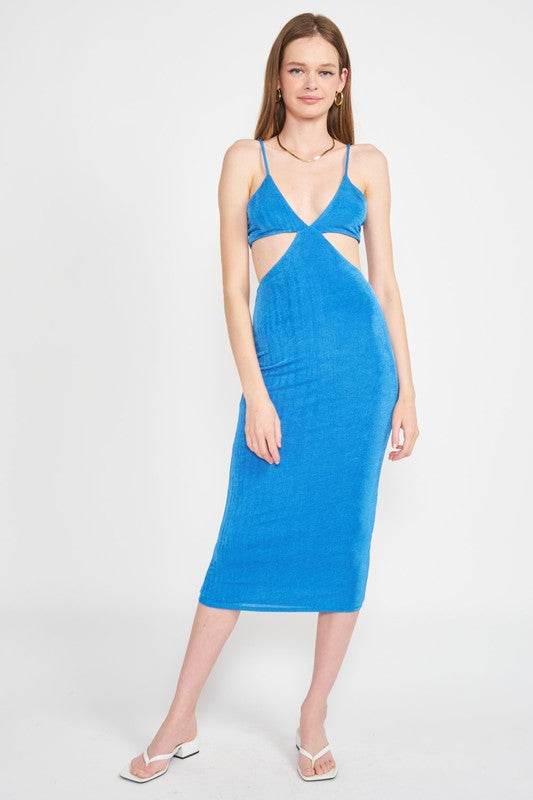 SPAGHETTI STRAP TIE BACK MIDI DRESS WITH CUTOUT