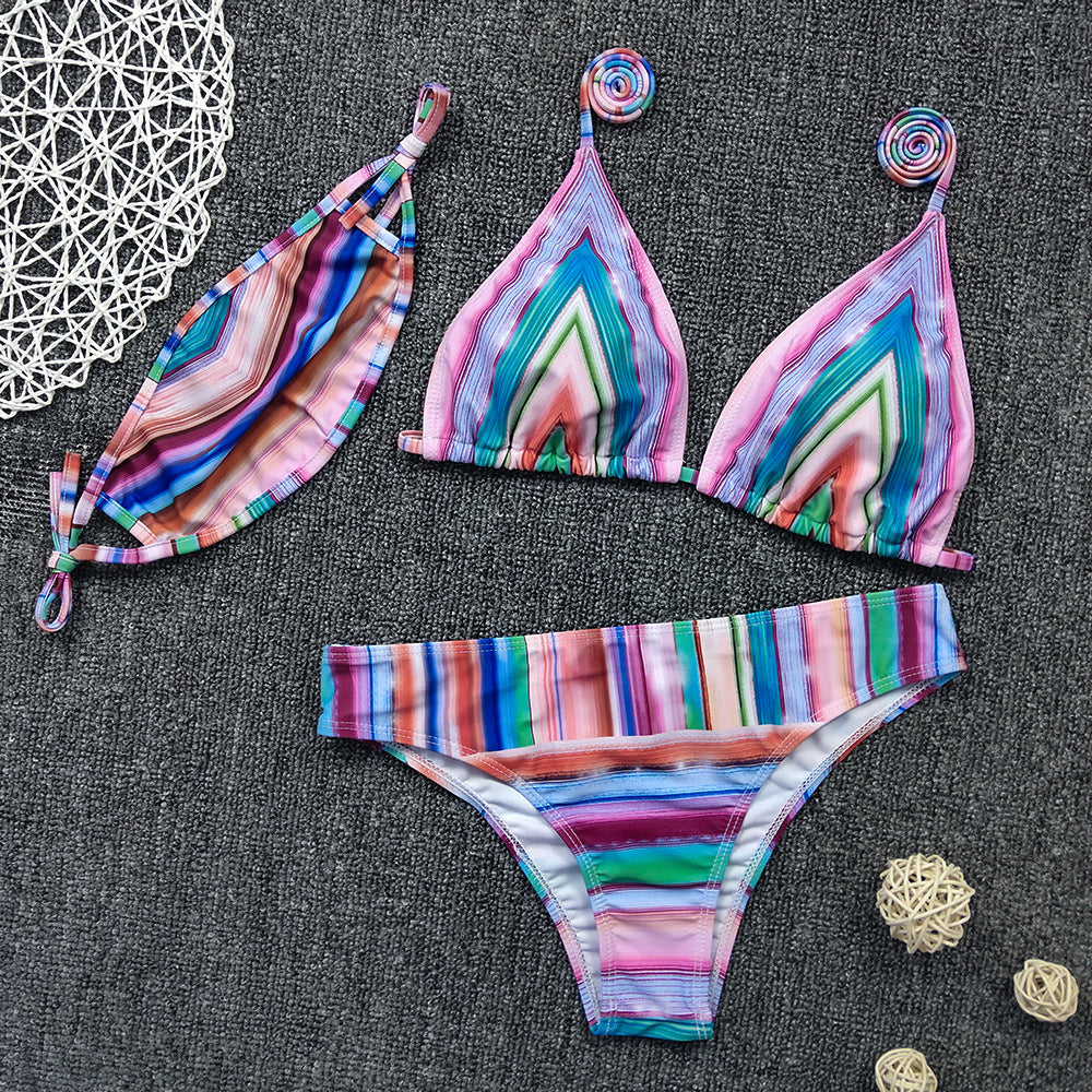 Women Bikini Sexy Positioning Striped Printed Bikini Three Piece Set with Mask