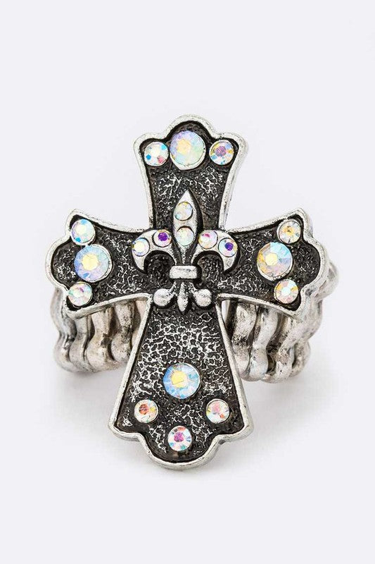 Crystal Cross Feur De Lis Stretch Ring