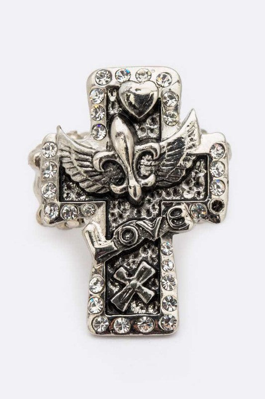 LOVE Cross Feur De Lis Stretch Ring