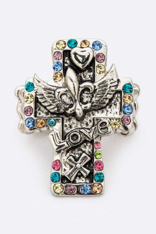 LOVE Cross Feur De Lis Stretch Ring