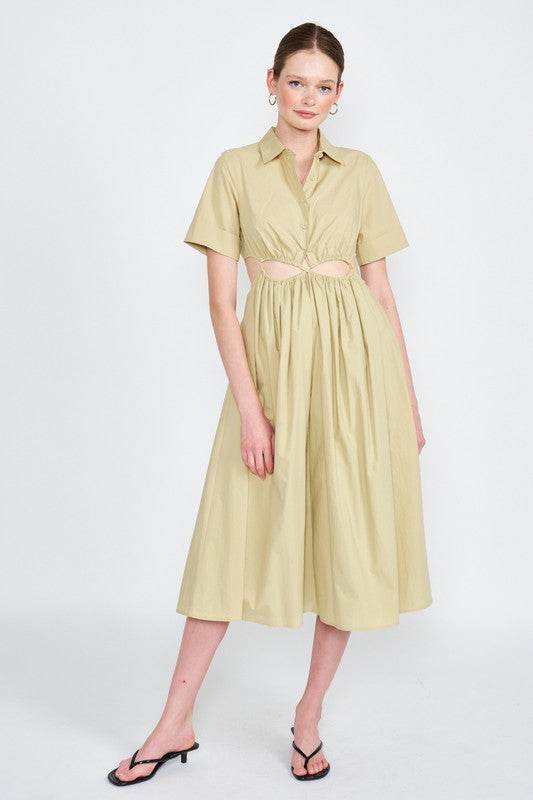 BUTTON UP COLLARED MIDI DRESS WITH CUT OUT