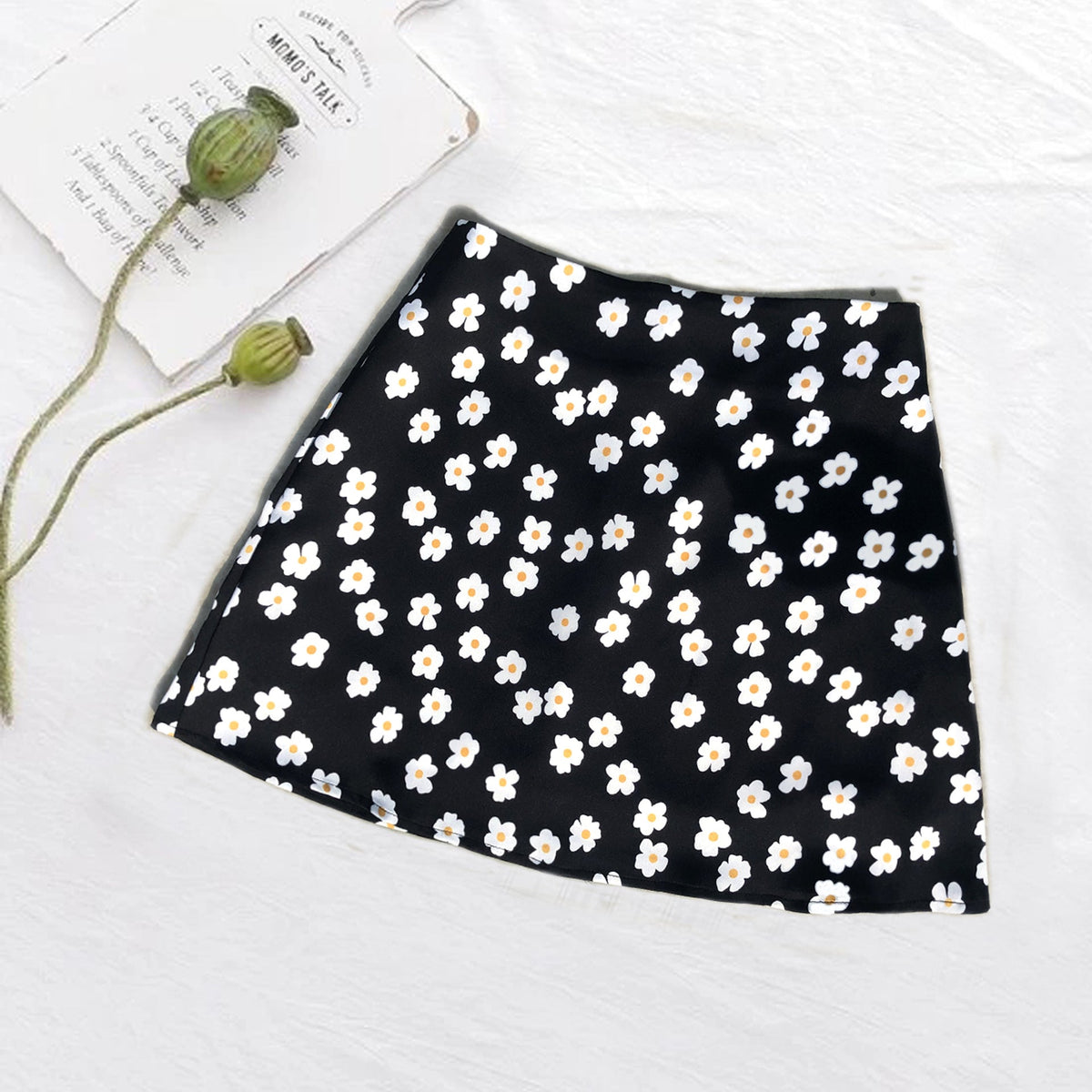 Summer High Waist Satin Printed Short Skirt Pink Small Floral Skirt