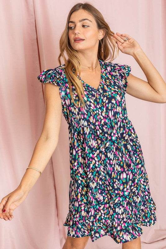 Colorful Abstract Flutter Sleeve Mini Dress