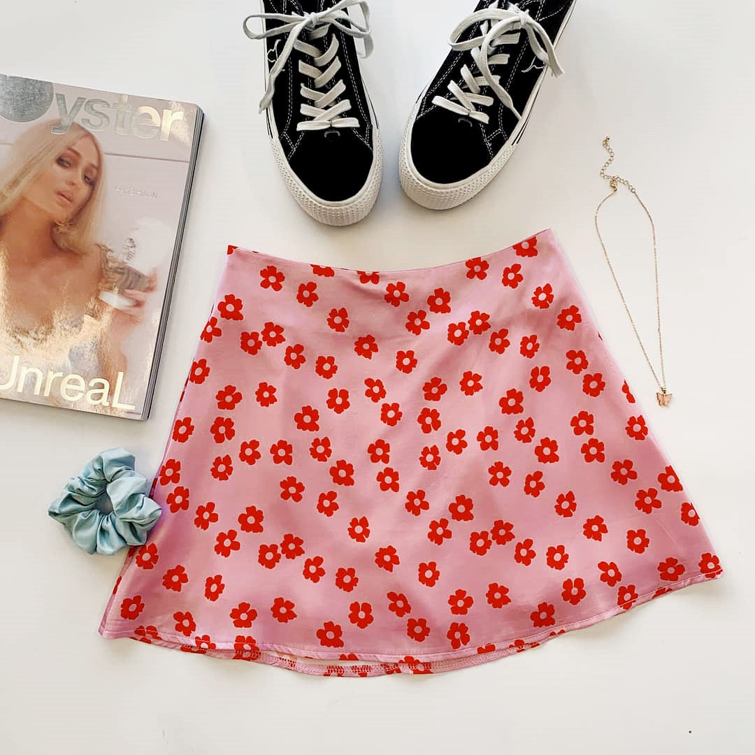 Summer High Waist Satin Printed Short Skirt Pink Small Floral Skirt