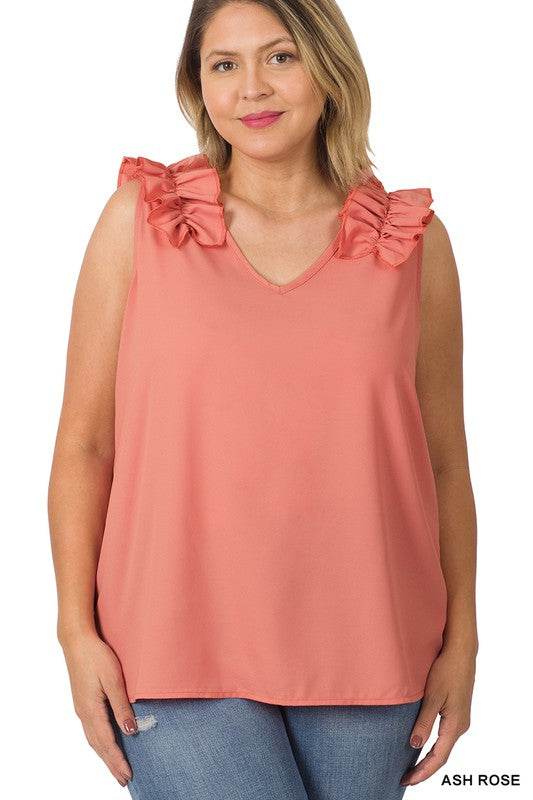 Plus Woven Wool Dobby Ruffle Trim Sleeveless Top