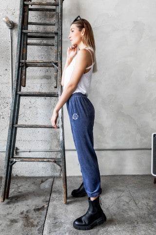 Blue Velour Joggers with Logo Embroidery
