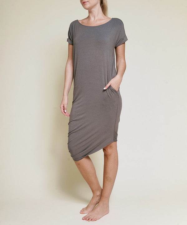 BAMBOO ASYMMETRIC DOLMAN DRESS WITH POCKETS