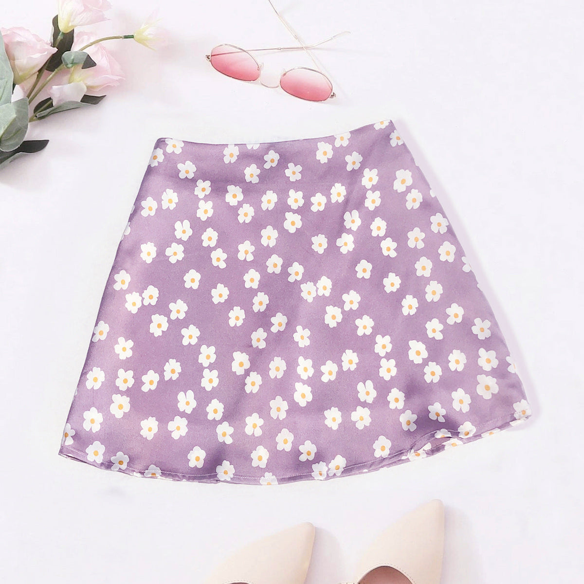 Summer High Waist Satin Printed Short Skirt Pink Small Floral Skirt